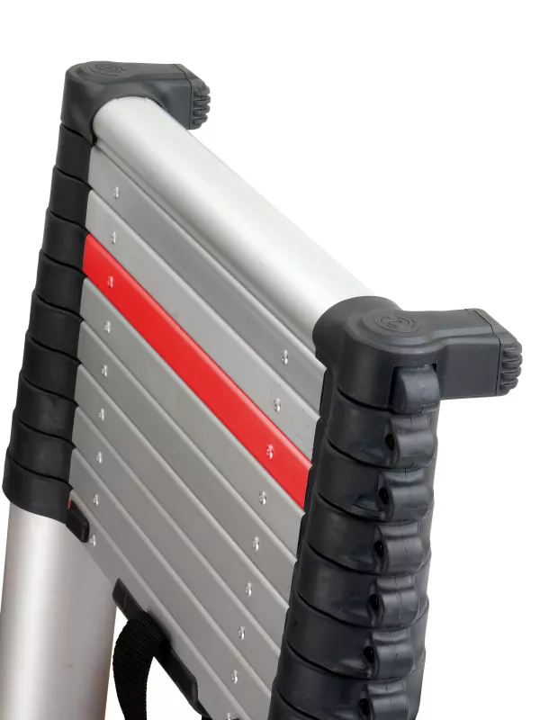 Close-up of folded telescopic ladder with red safety marker